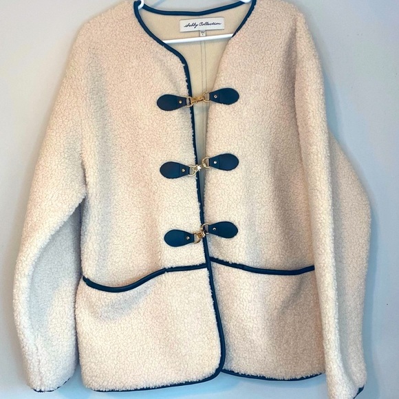 SEBBY COLLECTION:Cream Sherpa Jacket w/Black Leather Trim & Gold Toggle closures - Picture 2 of 7